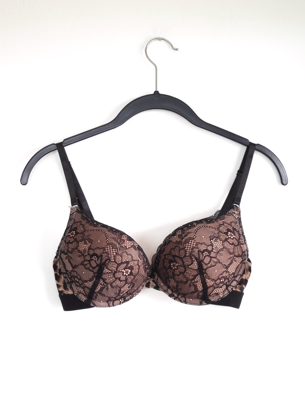Black Lace Overlay & Leopard Push-Up Bra